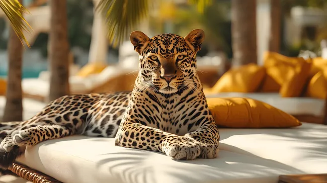 Leopard entspannt auf Sonnenliege unter Palmen