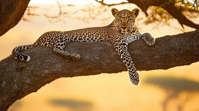 Leopard im Baum während des Sonnenuntergangs