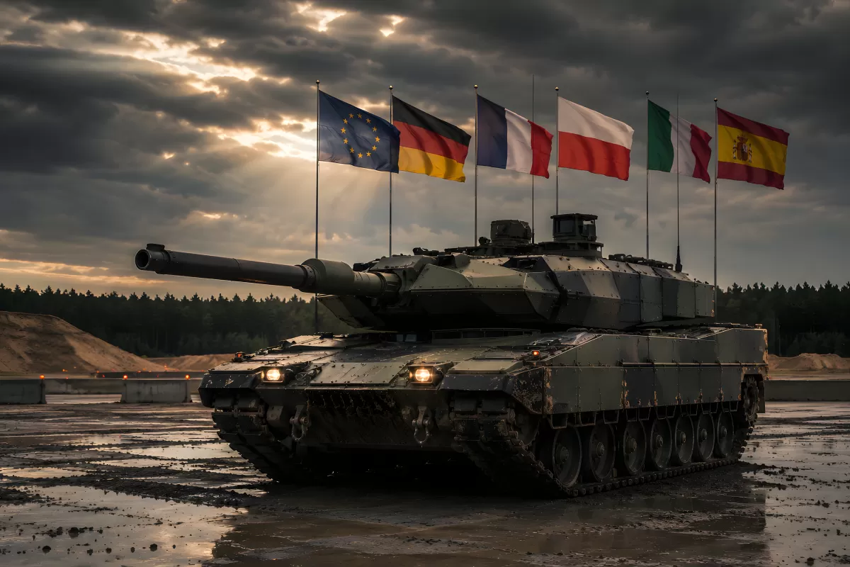Leopard-Panzer vor europäischen Flaggen im Dämmerlicht
