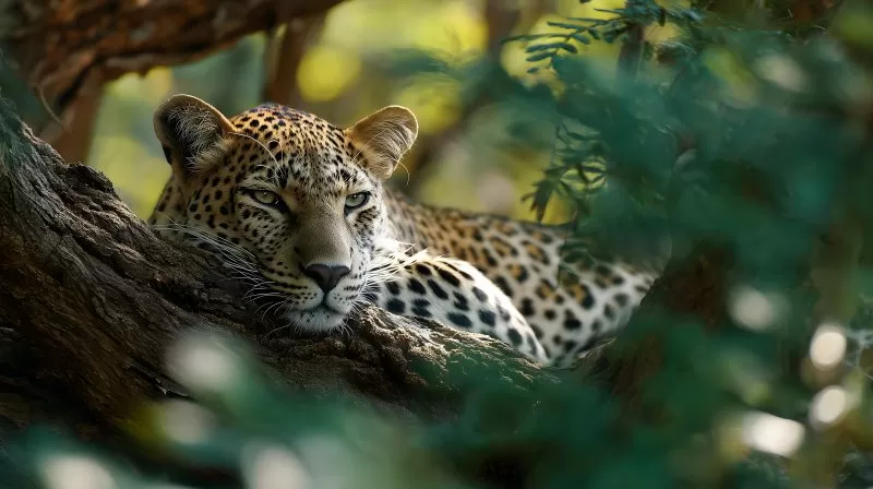 Leopard ruht auf Baum im dichten Dschungel