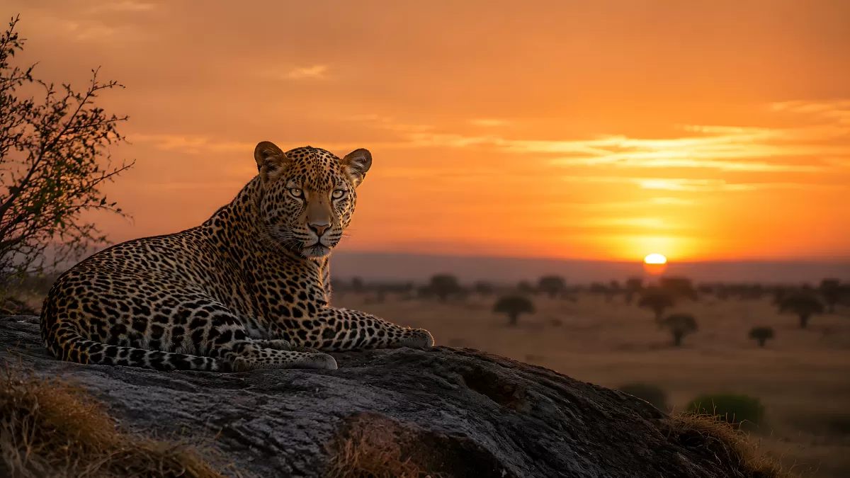 Leopard ruht auf Felsen vor afrikanischem Sonnenuntergang
