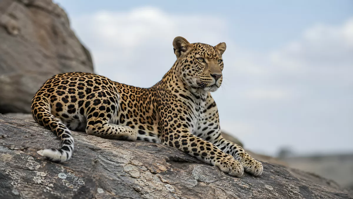 Leopard ruht majestätisch auf einem Felsen in der Savanne