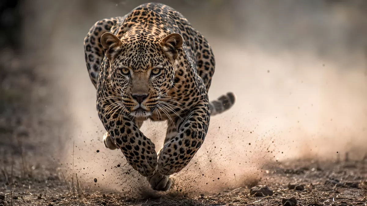 Leopard sprintet mit voller Kraft durch Staub