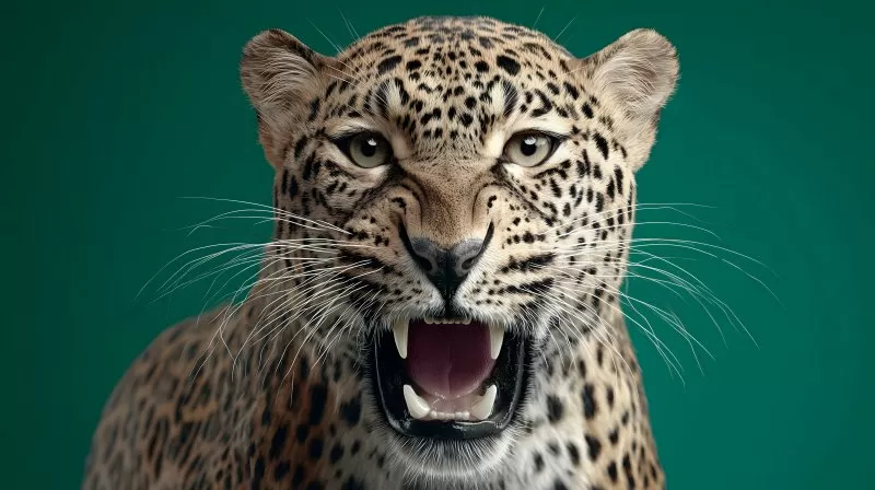 Leopard zeigt Zähne vor grünem Hintergrund