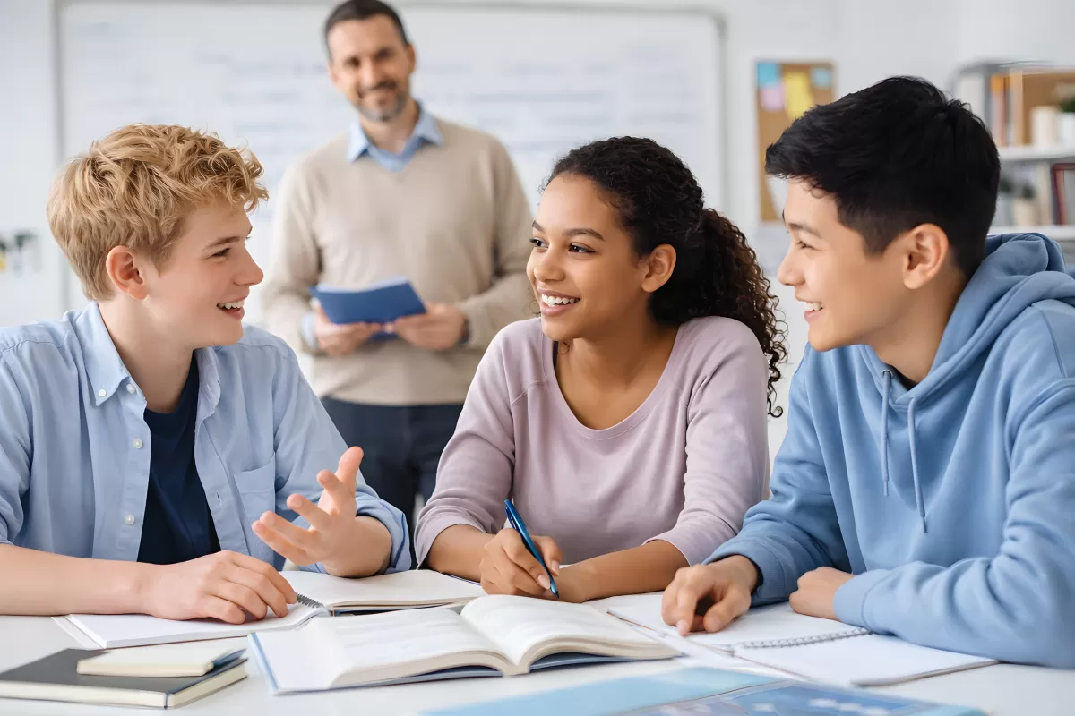 Lernende Schüler diskutieren fröhlich im Klassenzimmer