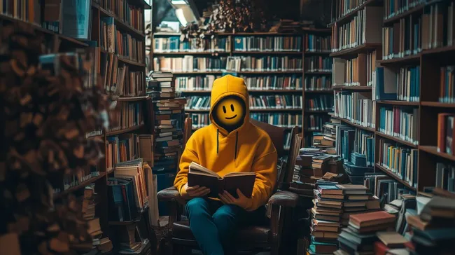 Lesender Mensch mit Smiley-Maske in mystischer Bibliothek