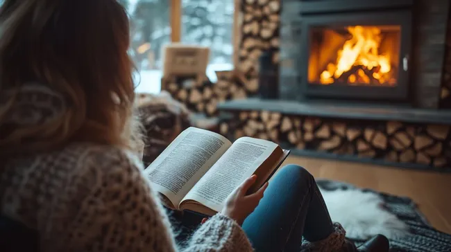 Lesendes Mädchen am Feuer an verschneitem Tag