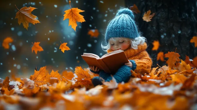 Lesendes Mädchen im Herbstlaub