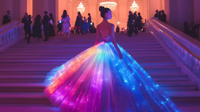 Leuchtend bundes Ballkleid auf prächtiger Treppe