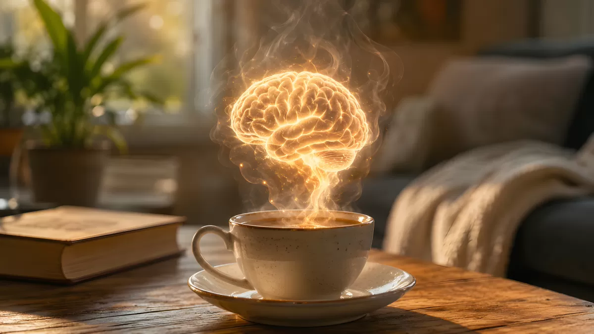Leuchtend glühendes Gehirn steigt aus Kaffeetasse auf