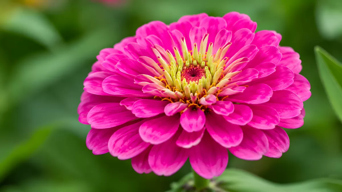 Leuchtend pinke Zinnie in voller Blüte im Garten
