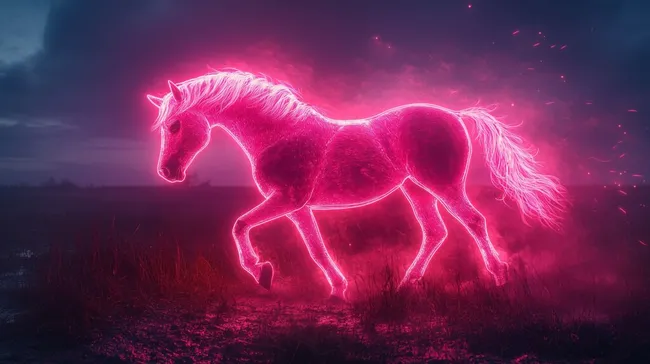 Leuchtend pinkes Fantasie-Pferd galoppiert durch Nebellandschaft