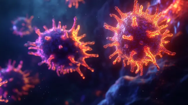 Leuchtende 3D-Darstellung des Mpox-Virus