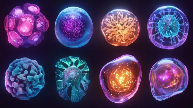 Leuchtende, abstrakte Zellstrukturen in lebendigen Farben