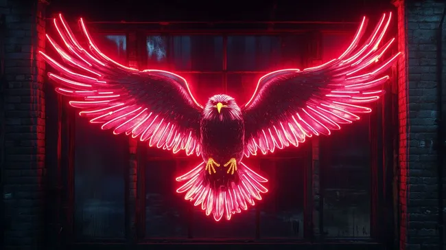 Leuchtende Adlerstatue in Neonrot vor Ziegelwand
