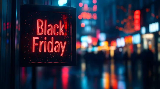 Leuchtende Black-Friday-Werbung in nächtlicher Großstadtkulisse