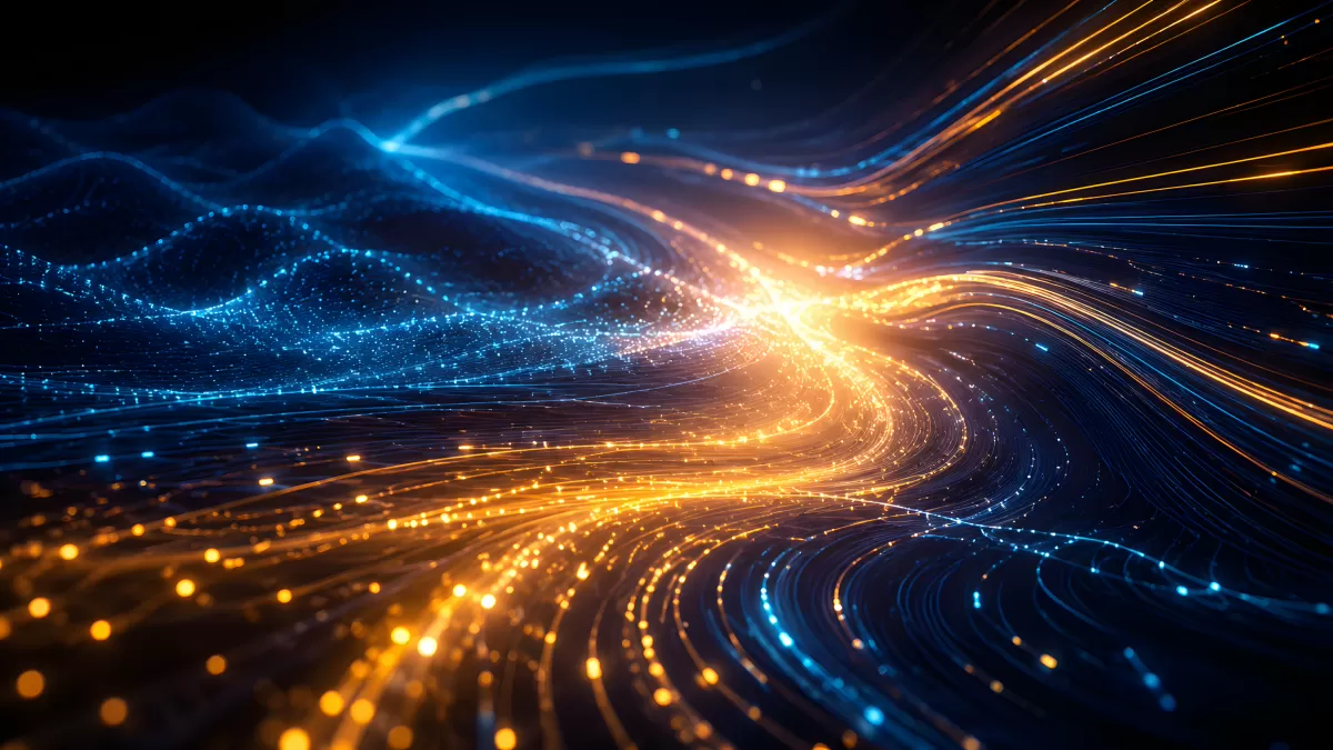 Leuchtende Datenströme in Blau und Gold fließen zusammen