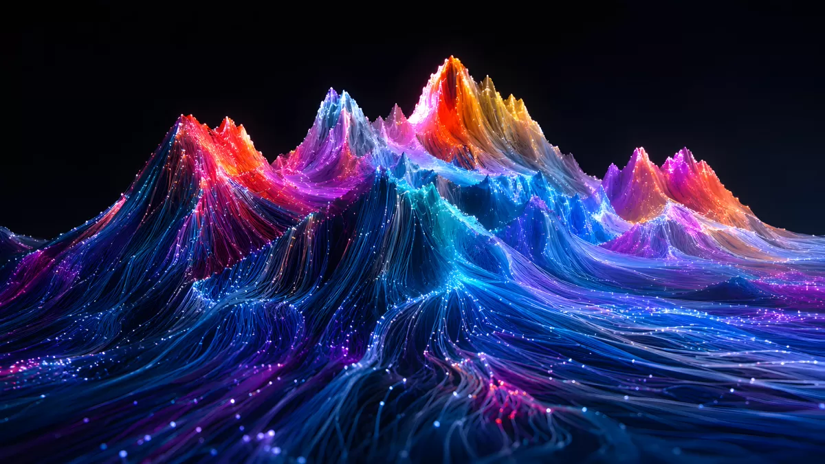 Leuchtende digitale Berglandschaft aus Lichtfasern