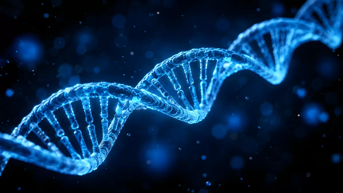 Leuchtende DNA-Doppelhelix in Blau auf dunklem Hintergrund