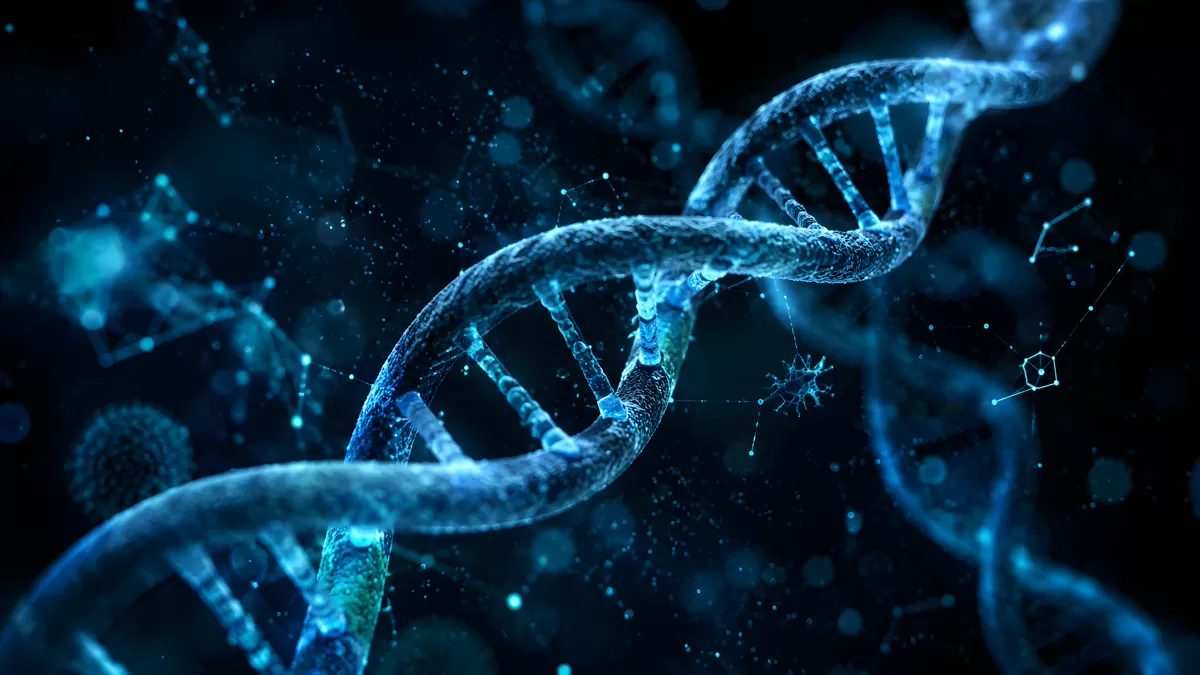 Leuchtende DNA-Doppelhelix in blauem Neonlicht