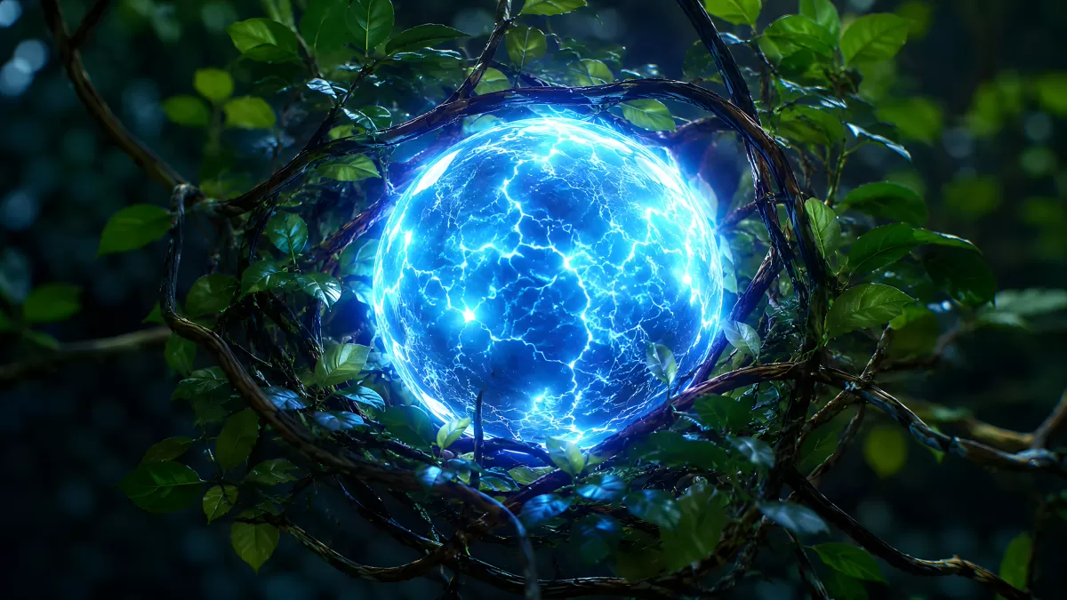 Leuchtende Energiekugel in mystischem Rankengeflecht