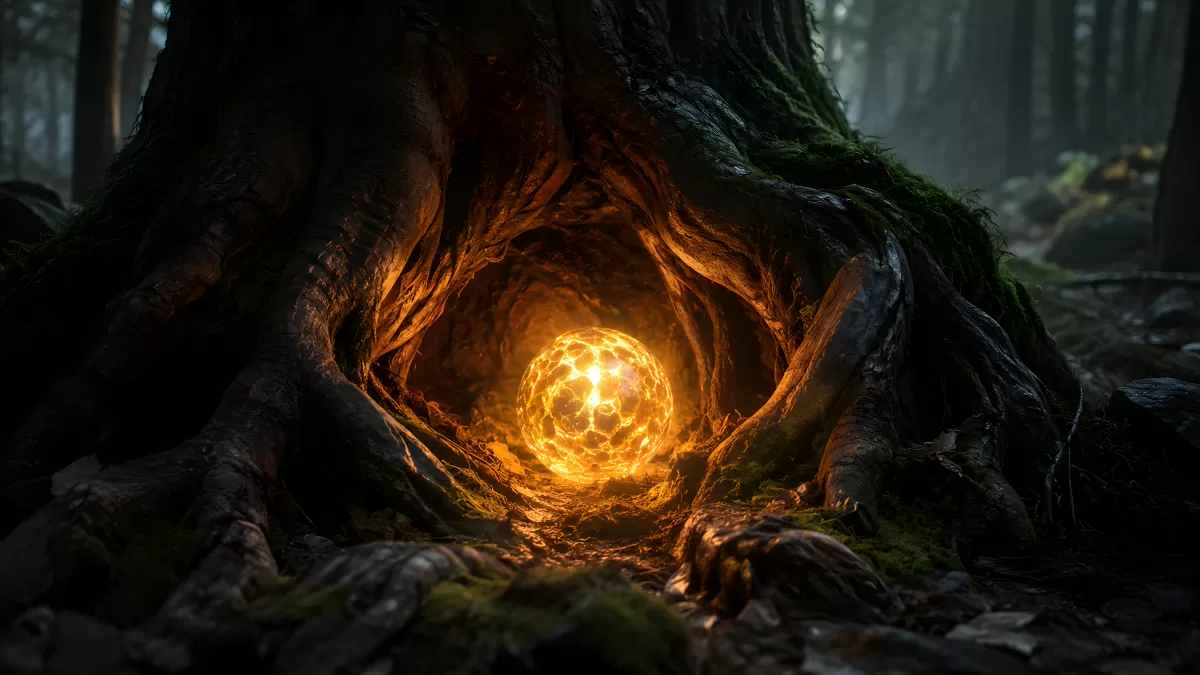Leuchtende Energiekugel in mystischer Baumhöhle im Wald