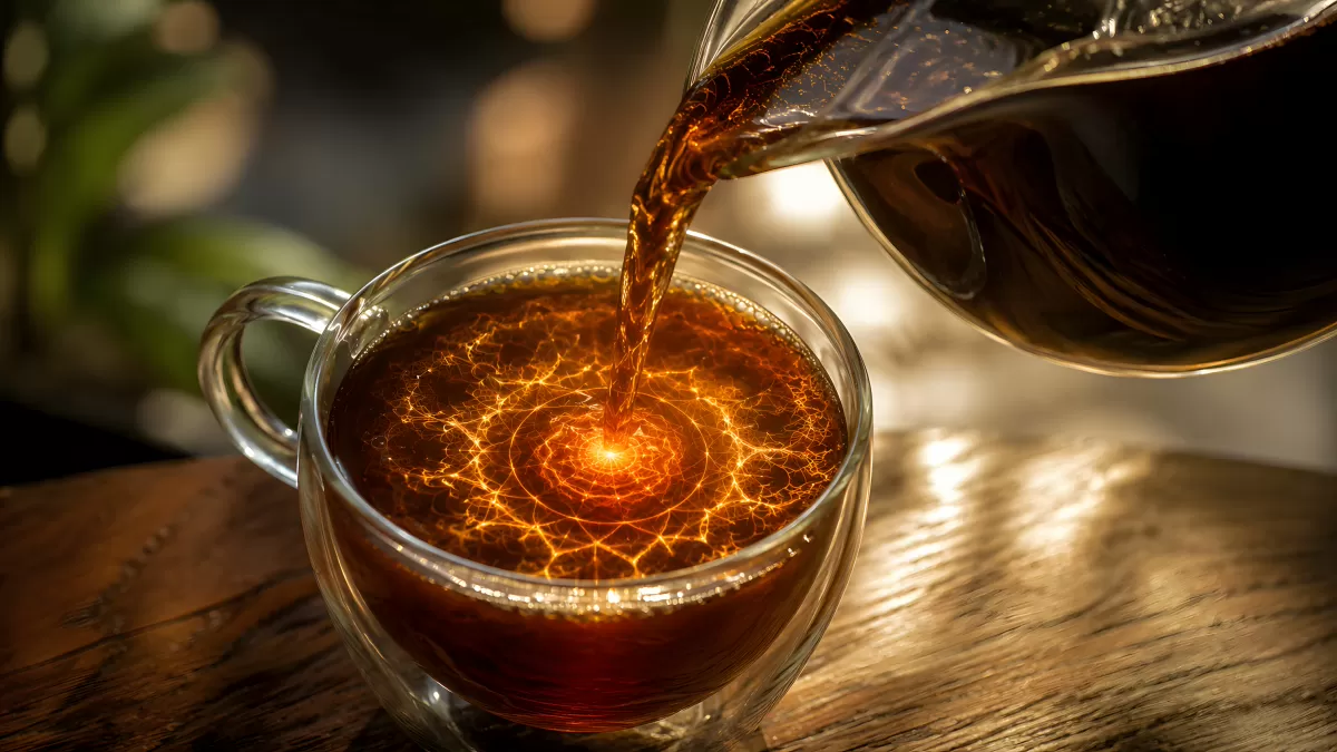 Leuchtende Energiemuster beim Kaffee einschenken