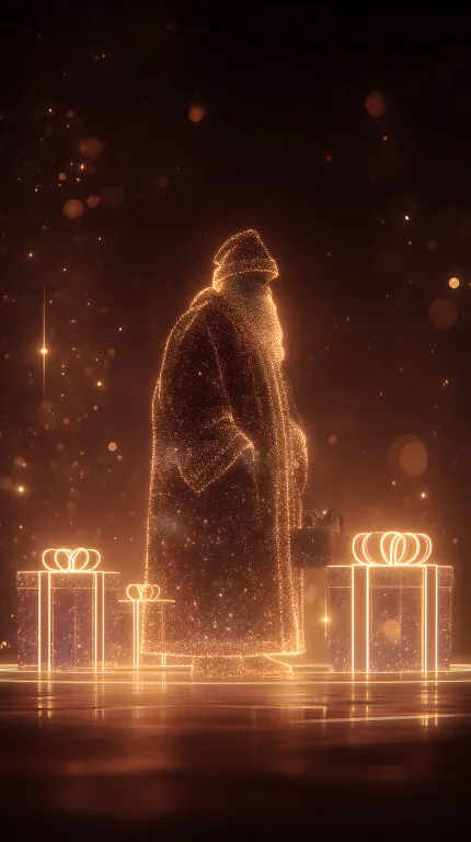 Leuchtende Figur mit Geschenken in goldener Weihnachtsatmosphäre
