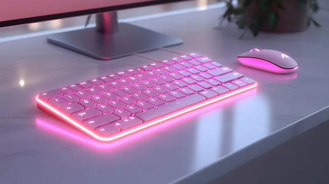 Leuchtende Gaming-Tastatur und Maus auf Schreibtisch