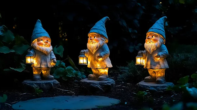 Leuchtende Gartenzwerge mit Laternen in der Nacht