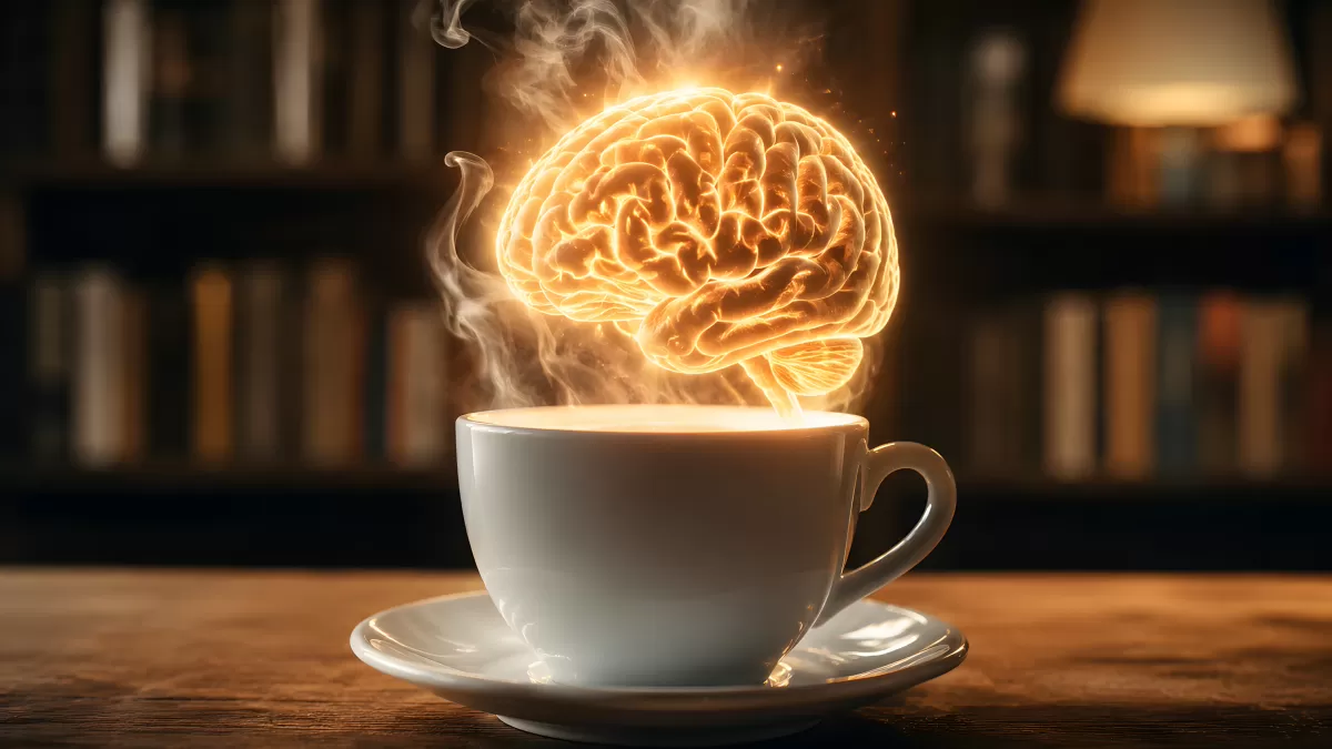 Leuchtende Gehirn-Illustration steigt aus Kaffeetasse auf