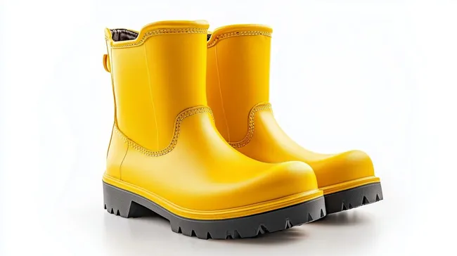 Leuchtende gelbe Gummistiefel auf weißem Hintergrund