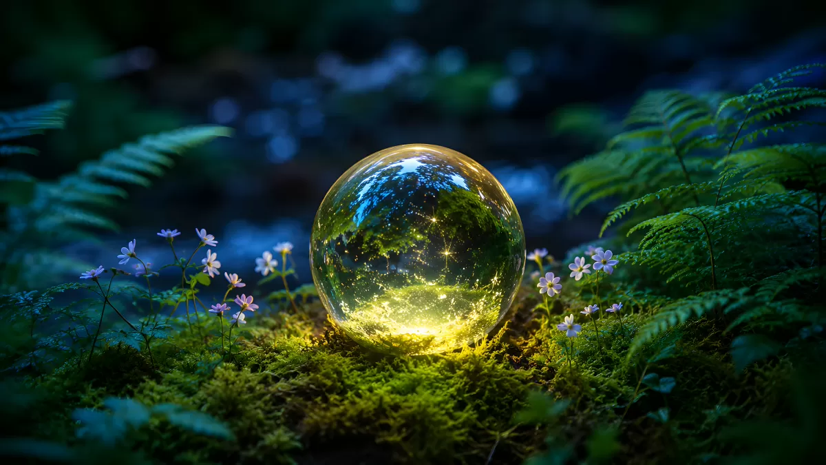 Leuchtende Glaskugel auf Moos im Zauberwald