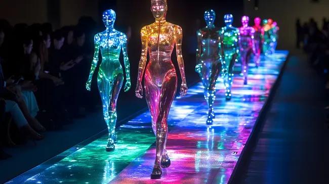 Leuchtende Gliederpuppen auf futuristischem Laufsteg