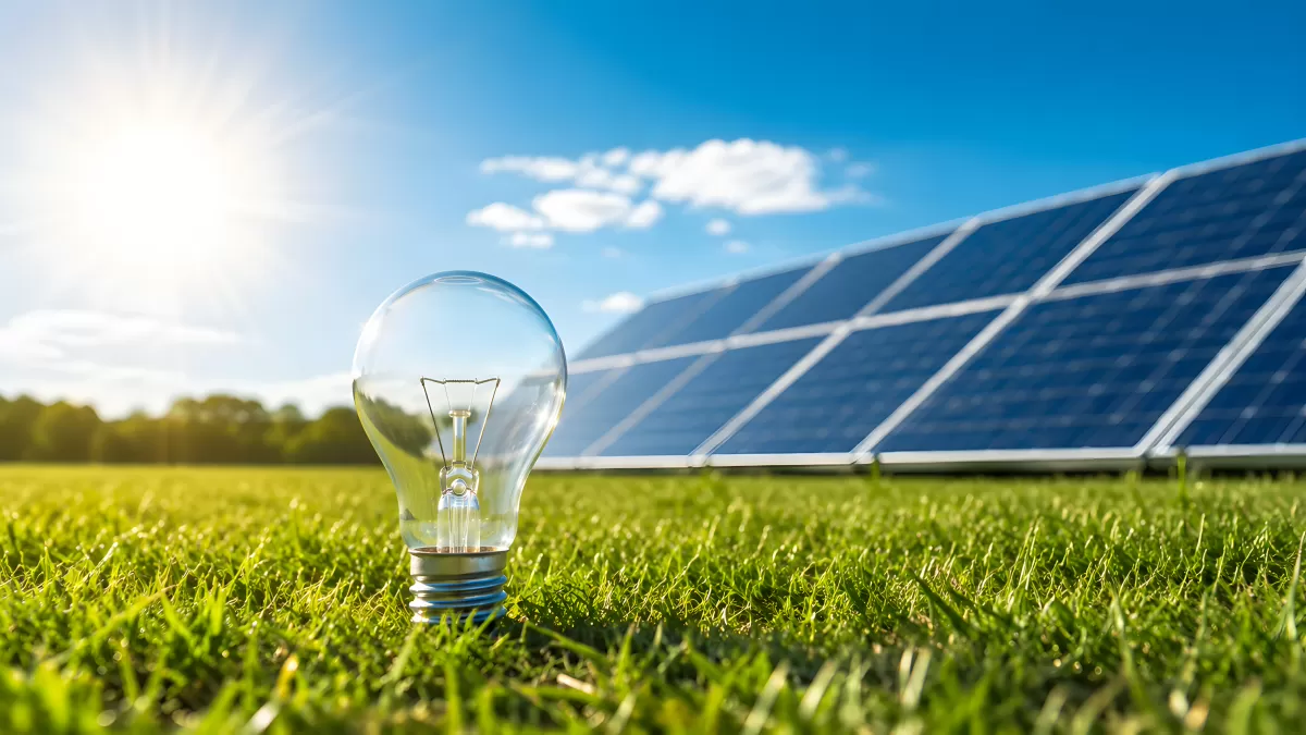 Leuchtende Glühbirne vor Solarpanelen im Gras