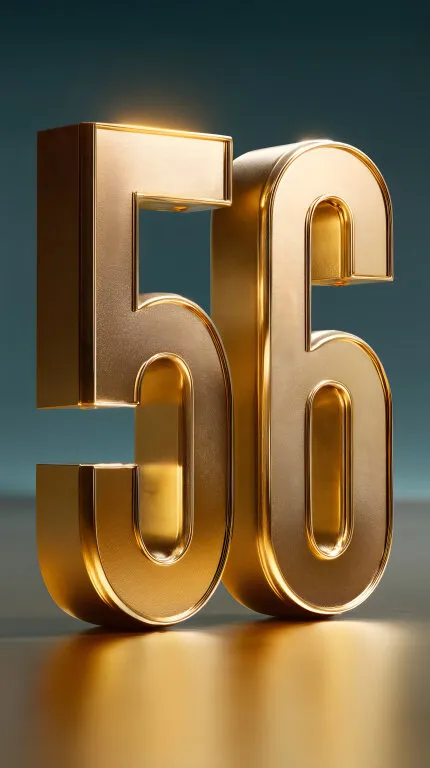 Leuchtende goldene Zahl 56 auf dunklem Hintergrund