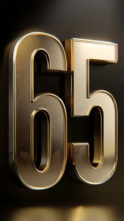 Leuchtende Goldnummer 65 auf dunklem Hintergrund