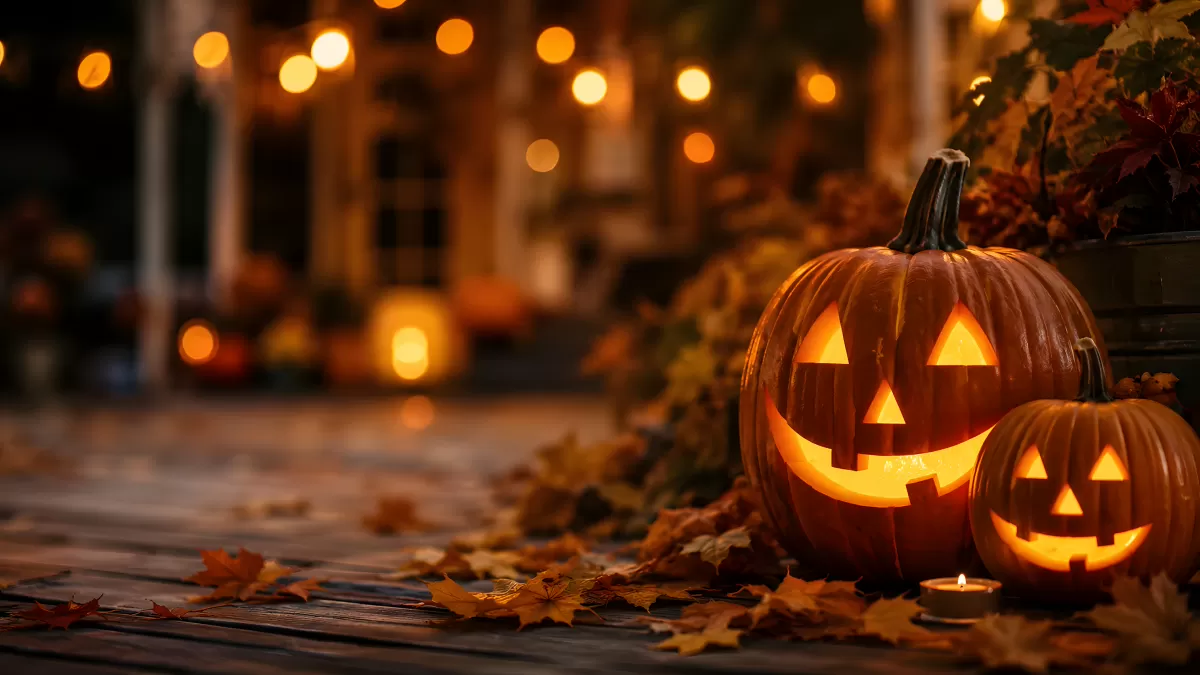 Leuchtende Halloween-Kürbisse auf herbstlicher Veranda