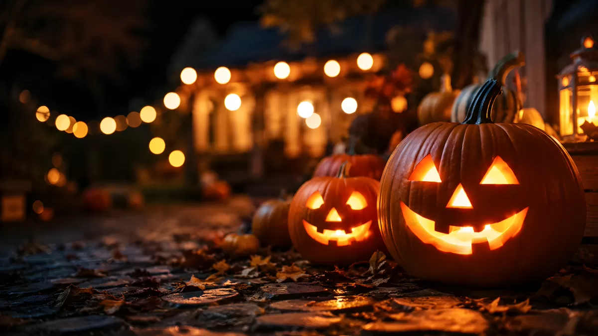 Leuchtende Halloween-Kürbisse auf Kopfsteinpflaster bei Nacht