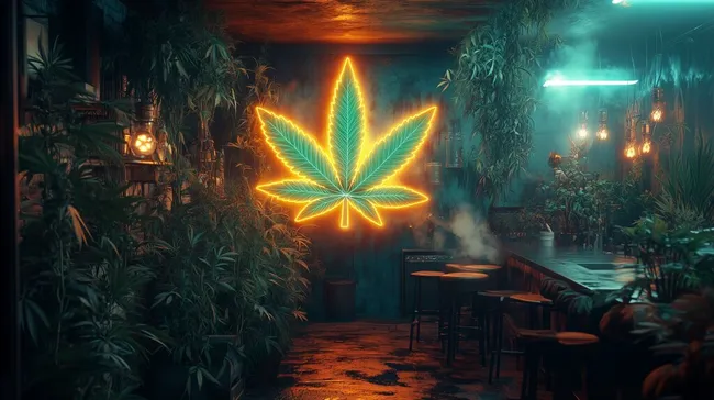 Leuchtende Hanfblatt-Neonreklame in tropischer Umgebung