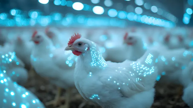 Leuchtende Hühner in glitzernder Umgebung