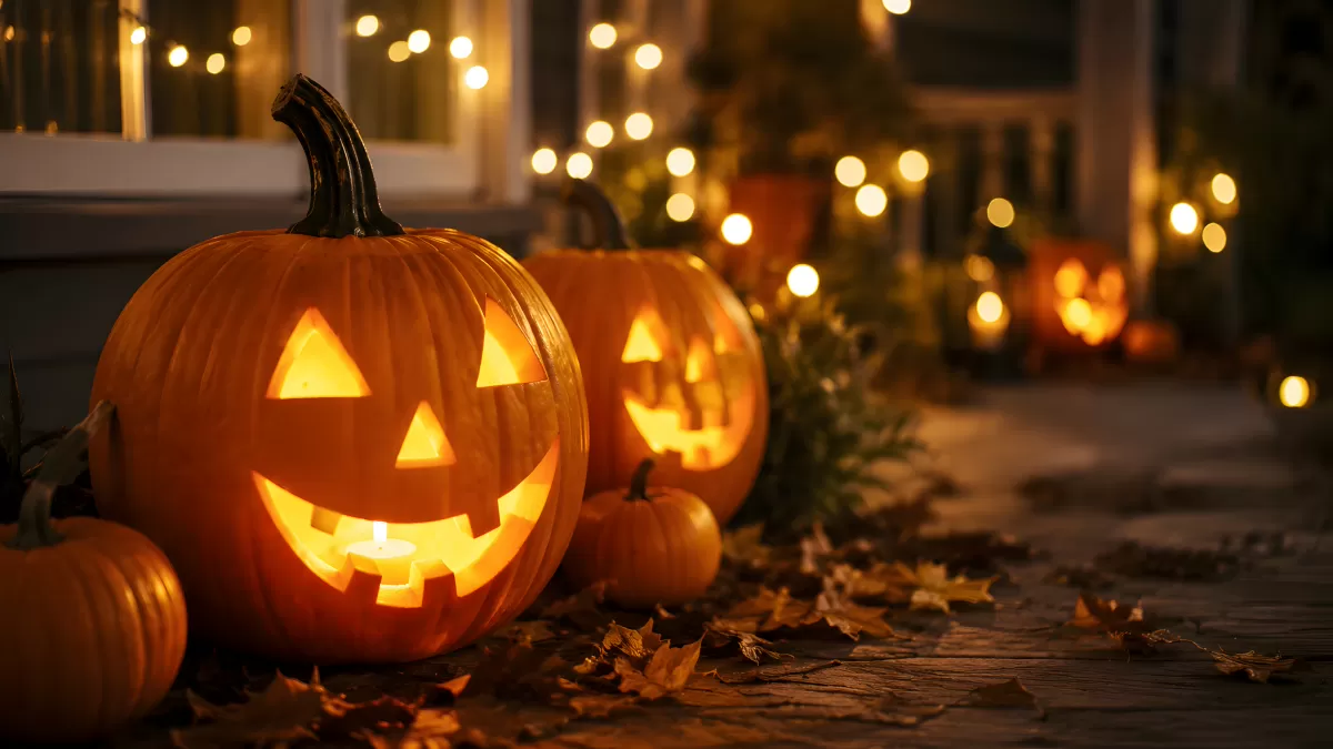 Leuchtende Jack-o-Lanterns auf einer Herbstveranda