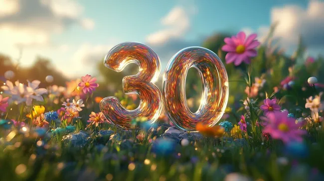 Leuchtende Jubiläumszahl 30 auf blühender Frühlingswiese