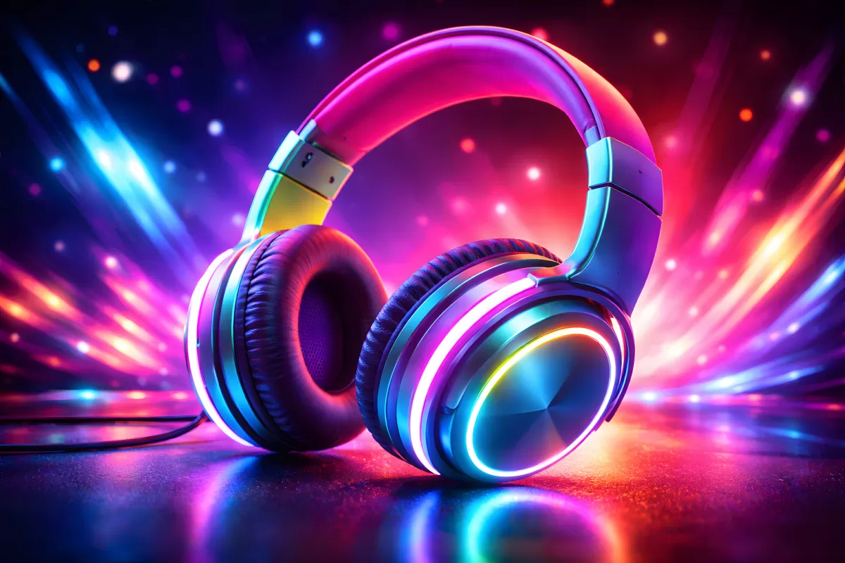 Leuchtende Kopfhörer mit bunten Neonlichtern im Dunkeln