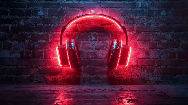 Leuchtende Kopfhörer vor Ziegelwand