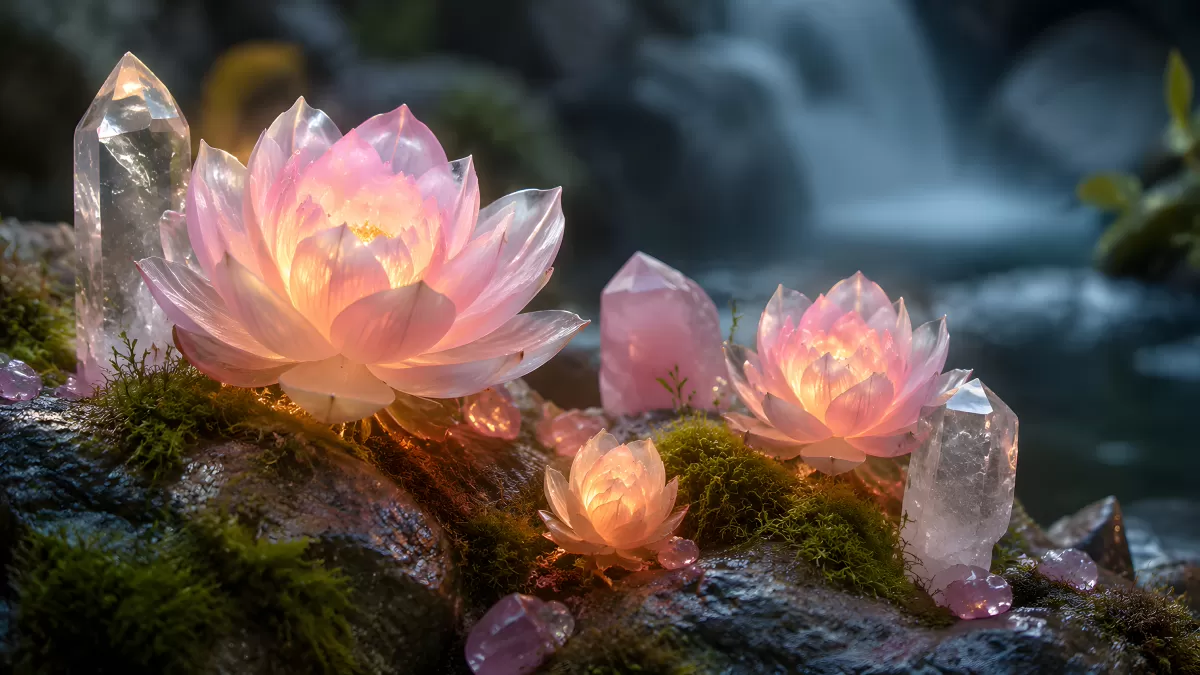 Leuchtende Kristall-Lotusblüten auf moosigem Felsen
