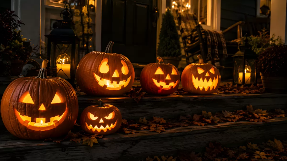 Leuchtende Kürbisse auf einer Holztreppe an Halloween