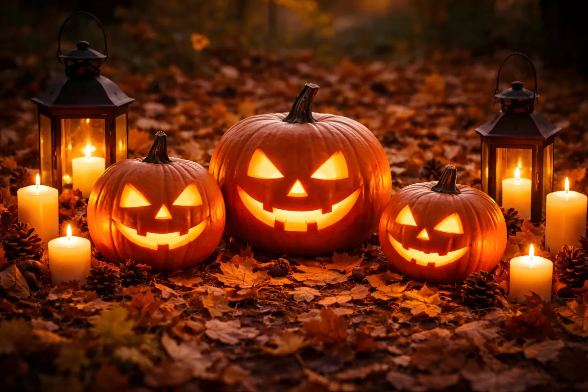 Leuchtende Kürbisse in herbstlicher Waldlandschaft