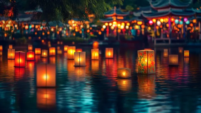Leuchtende Laternen auf ruhigem Wasserspiegel in Dunkelheit