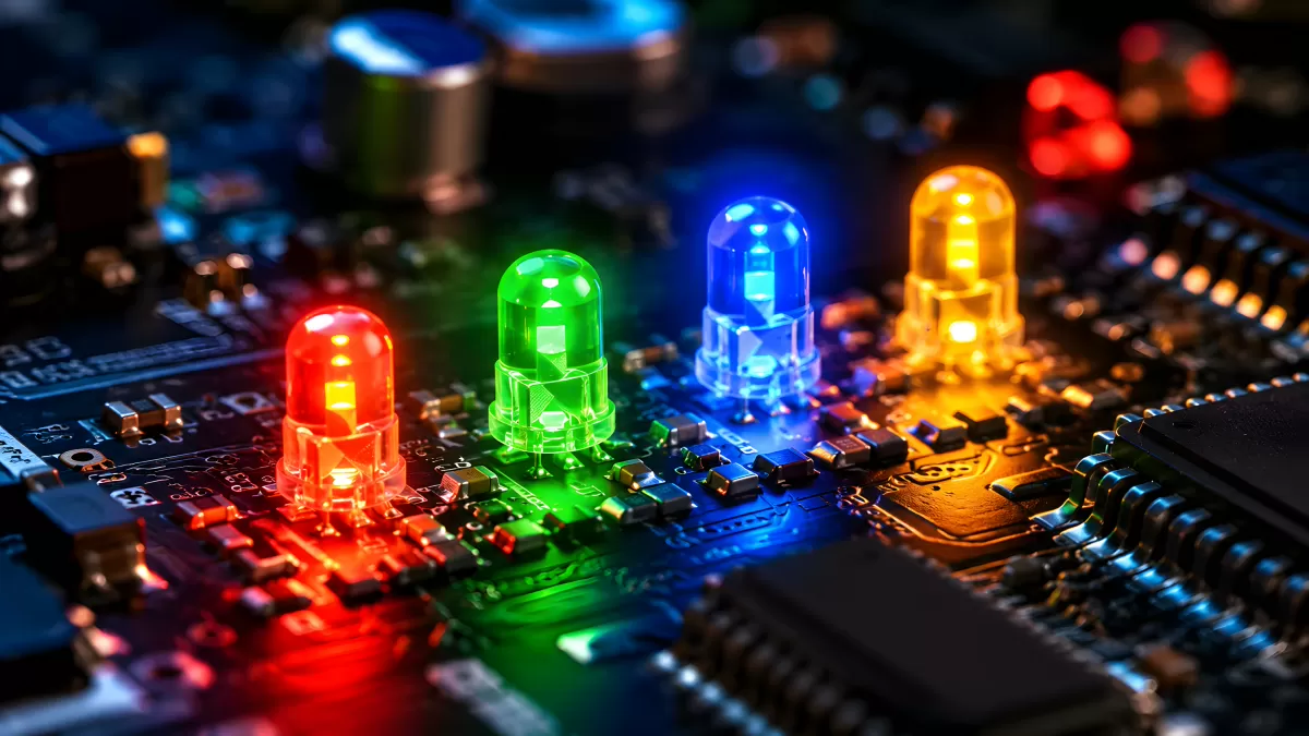 Leuchtende LEDs in vier Farben auf Platine